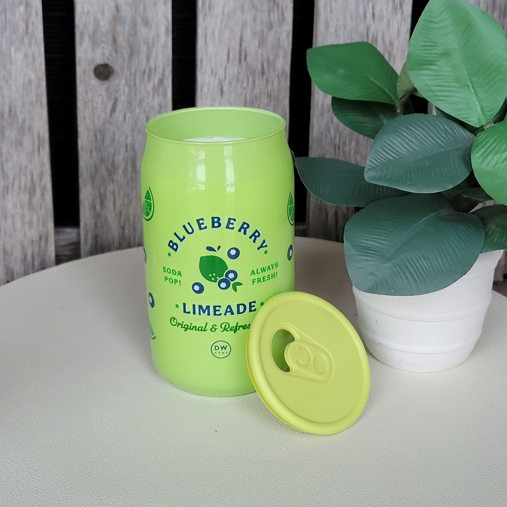 Blueberry Limeade Candle - Bright Green Soda Can Glass Glass Vessel Silicone Lid - Picture 4 of 6
